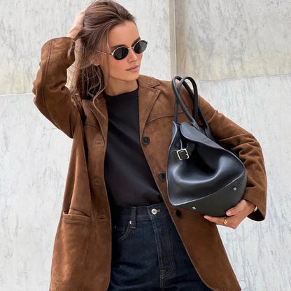 Blazer Femme En Suède Avec Col Pour Tenues Quotidiennes | Idéal Pour Bureau Et Sorties