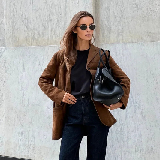 Blazer Femme En Suède Avec Col Pour Tenues Quotidiennes | Idéal Pour Bureau Et Sorties