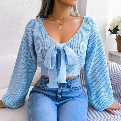 Pull Col V Avec Détail Nœud Et Manches Longues Pour Femme | Idéal Pour Usage Quotidien Et Occasions