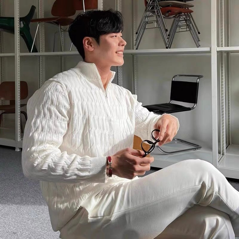 Pull en Maille Torsadée avec Demi-Zip et Col Haut pour Homme | Ideal pour Usage Quotidien