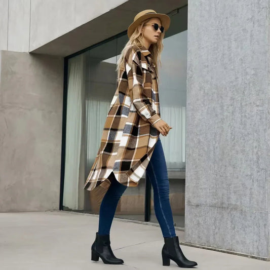 Trench-Coat à Motif à Carreaux avec Fentes Latérales et Poches pour Femmes | Idéal pour Mi-Saison