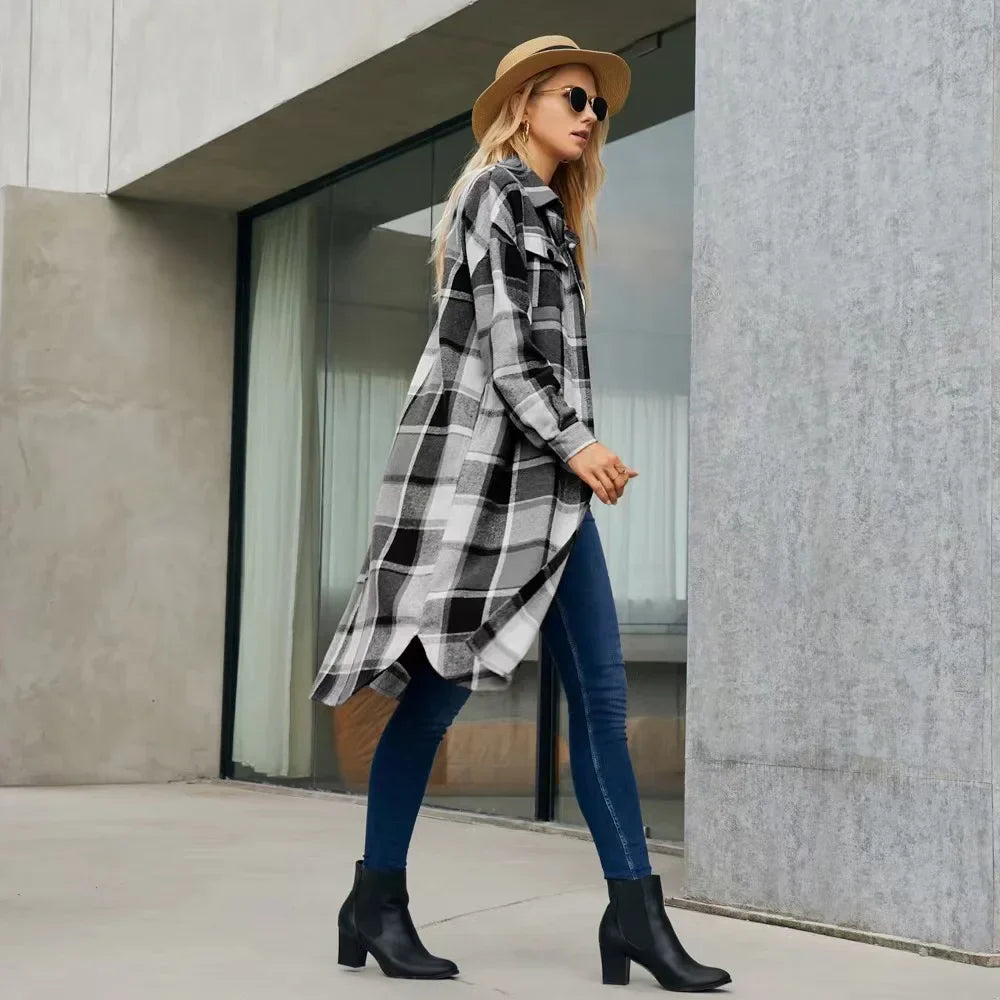 Trench-Coat à Motif à Carreaux avec Fentes Latérales et Poches pour Femmes | Idéal pour Mi-Saison