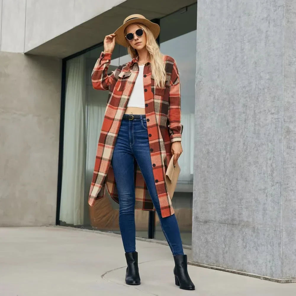 Trench-Coat à Motif à Carreaux avec Fentes Latérales et Poches pour Femmes | Idéal pour Mi-Saison