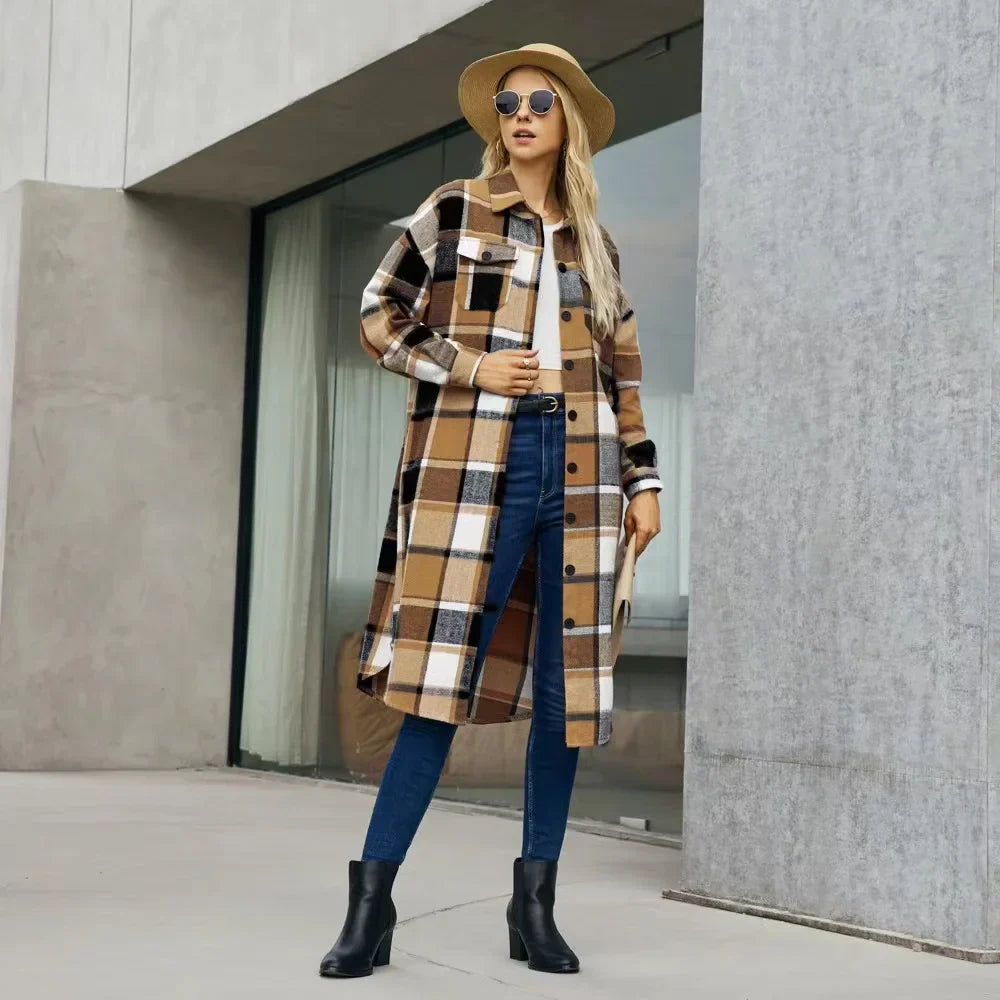 Trench-Coat à Motif à Carreaux avec Fentes Latérales et Poches pour Femmes | Idéal pour Mi-Saison