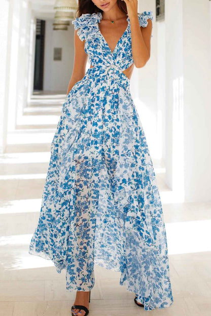 Robe Maxi Avec Décolleté En V Profond Et Manches Froncées Pour Femme | Idéale Pour Les Occasions Estivales