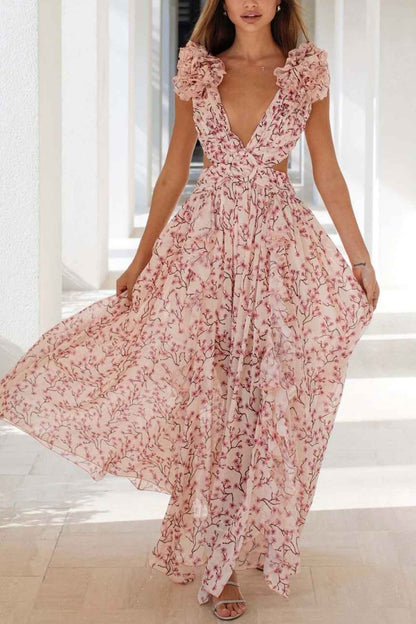 Robe Maxi Avec Décolleté En V Profond Et Manches Froncées Pour Femme | Idéale Pour Les Occasions Estivales