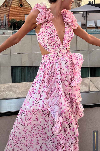 Robe Maxi Avec Décolleté En V Profond Et Manches Froncées Pour Femme | Idéale Pour Les Occasions Estivales