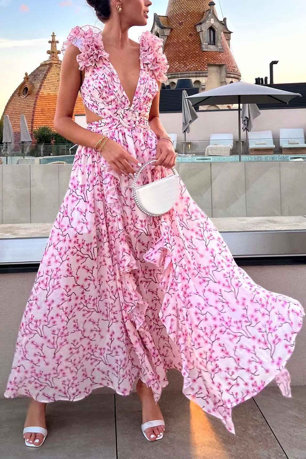 Robe Maxi Avec Décolleté En V Profond Et Manches Froncées Pour Femme | Idéale Pour Les Occasions Estivales