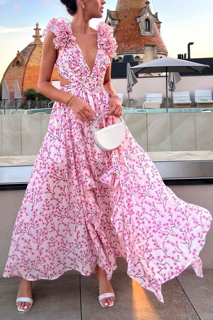 Robe Maxi Avec Décolleté En V Profond Et Manches Froncées Pour Femme | Idéale Pour Les Occasions Estivales