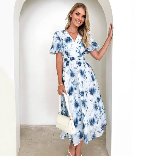 Robe Midi avec Col en V et Manches Bouffantes pour Femmes | Idéale pour le Printemps et l'Été