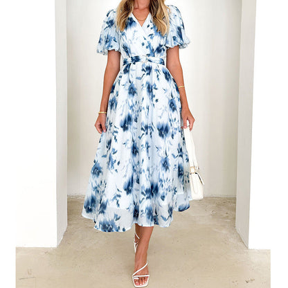 Robe Midi avec Col en V et Manches Bouffantes pour Femmes | Idéale pour le Printemps et l'Été