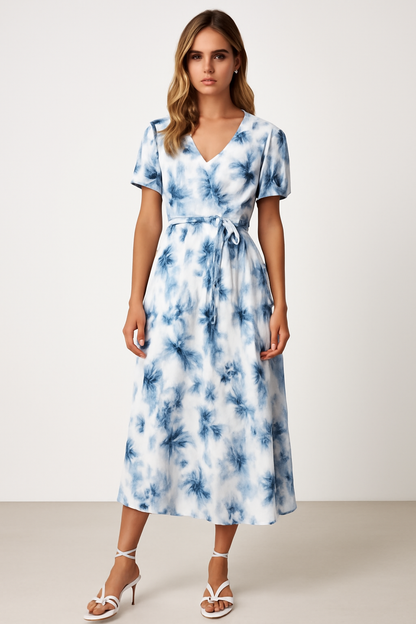 Robe Midi avec Col en V et Manches Bouffantes pour Femmes | Idéale pour le Printemps et l'Été