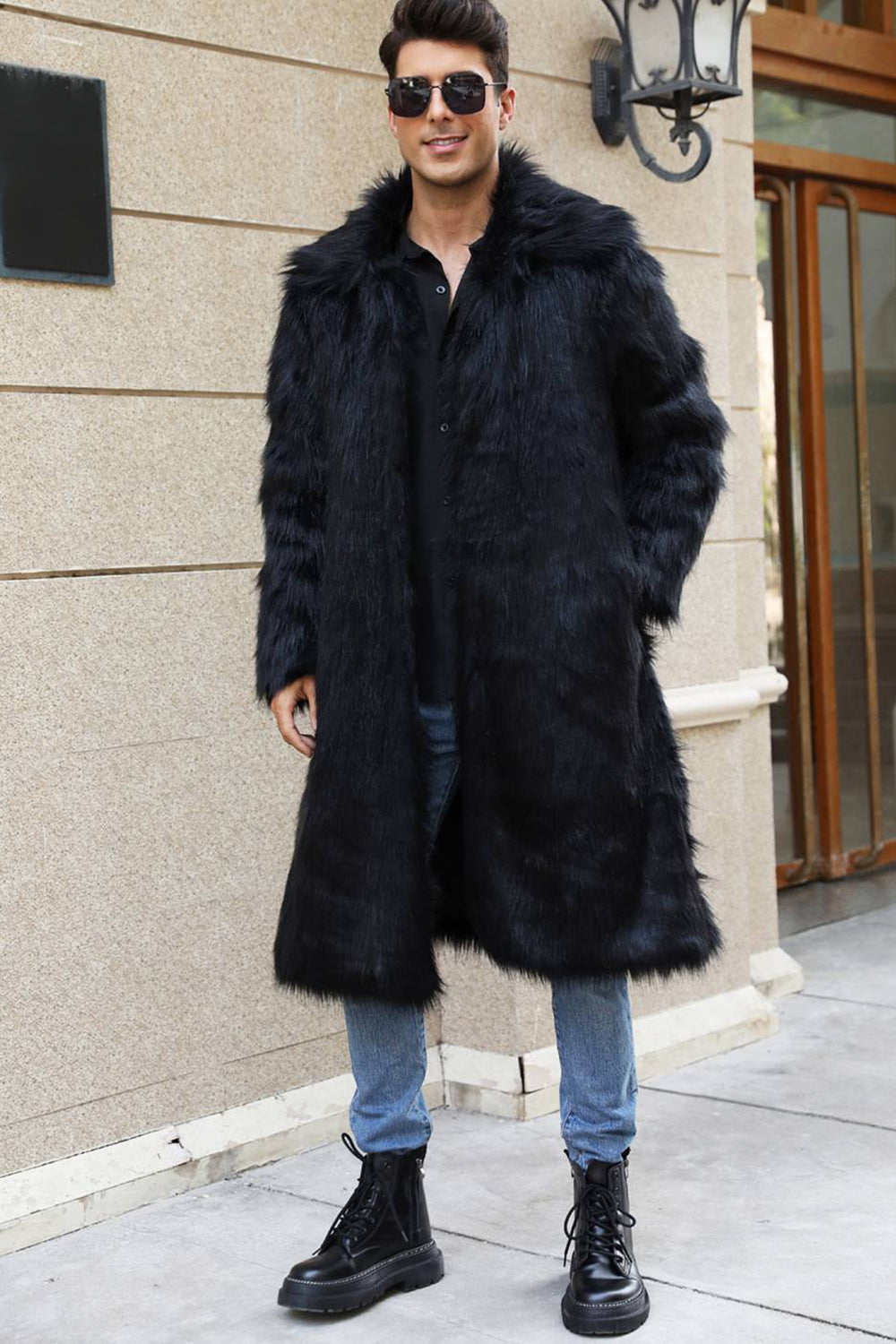 Manteau Long Imitation Fourrure avec Col Large pour Homme | Idéal pour La Saison Froide