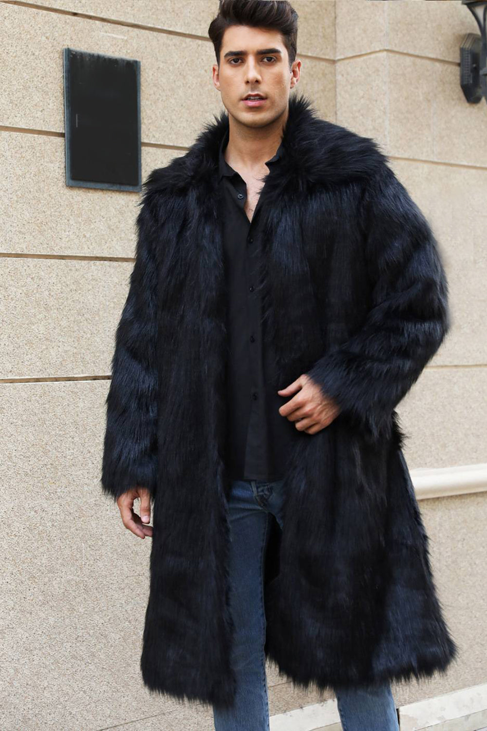 Manteau Long Imitation Fourrure avec Col Large pour Homme | Idéal pour La Saison Froide