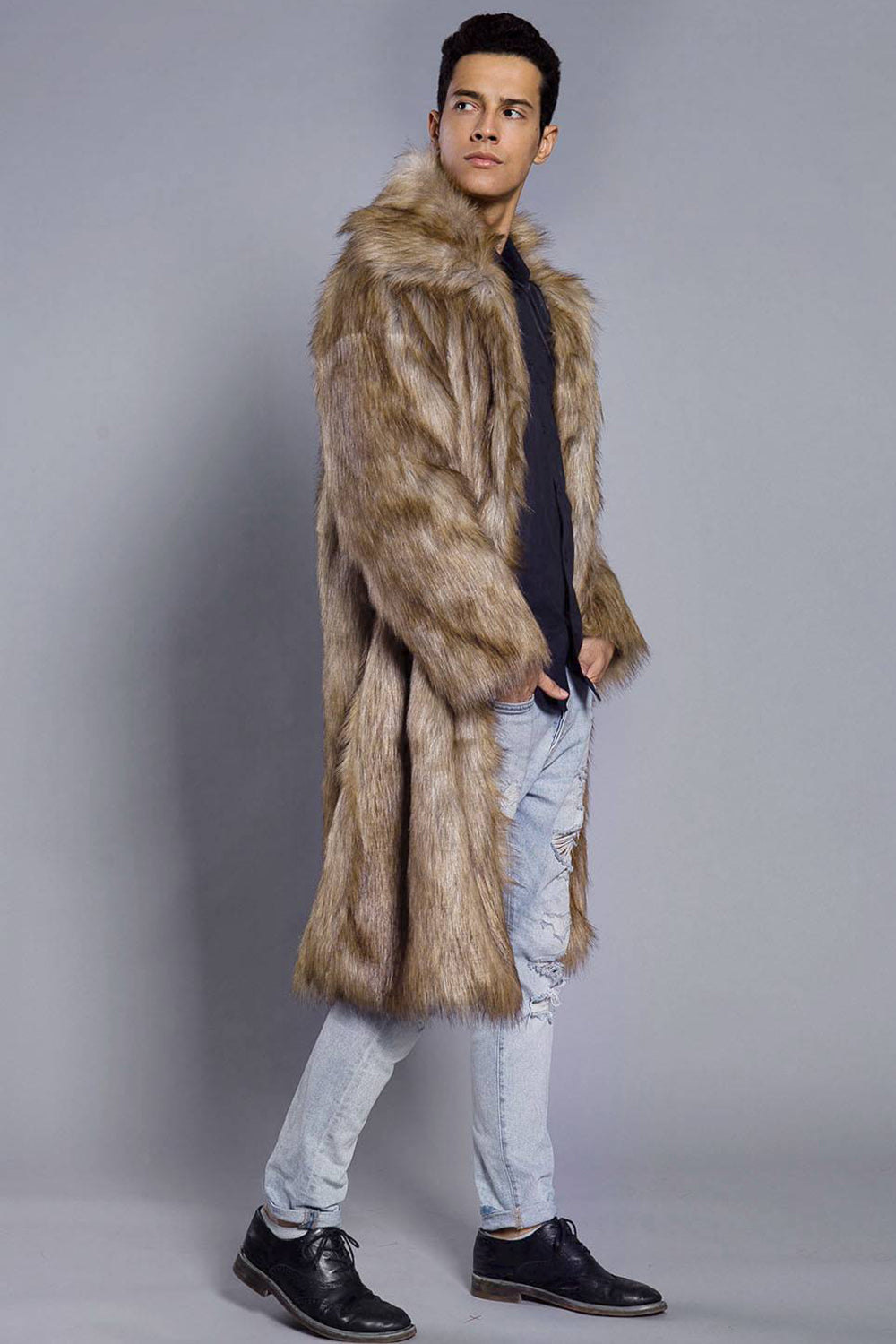 Manteau Long Imitation Fourrure avec Col Large pour Homme | Idéal pour La Saison Froide