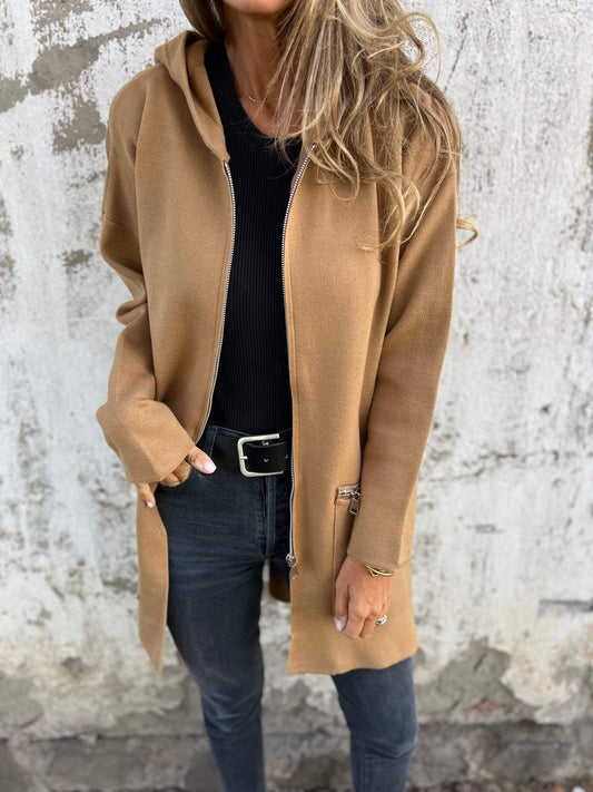 Gilet long zippé à capuche pour femmes