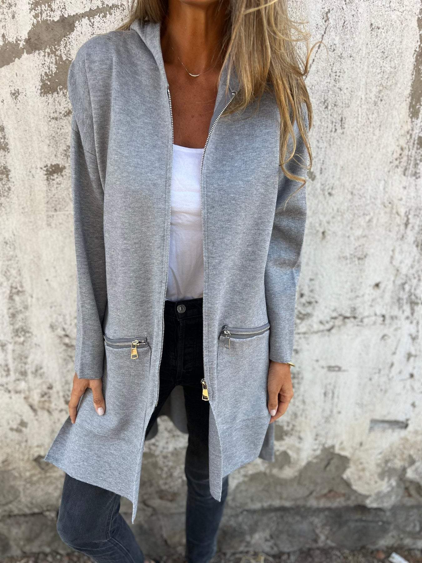 Gilet long zippé à capuche pour femmes