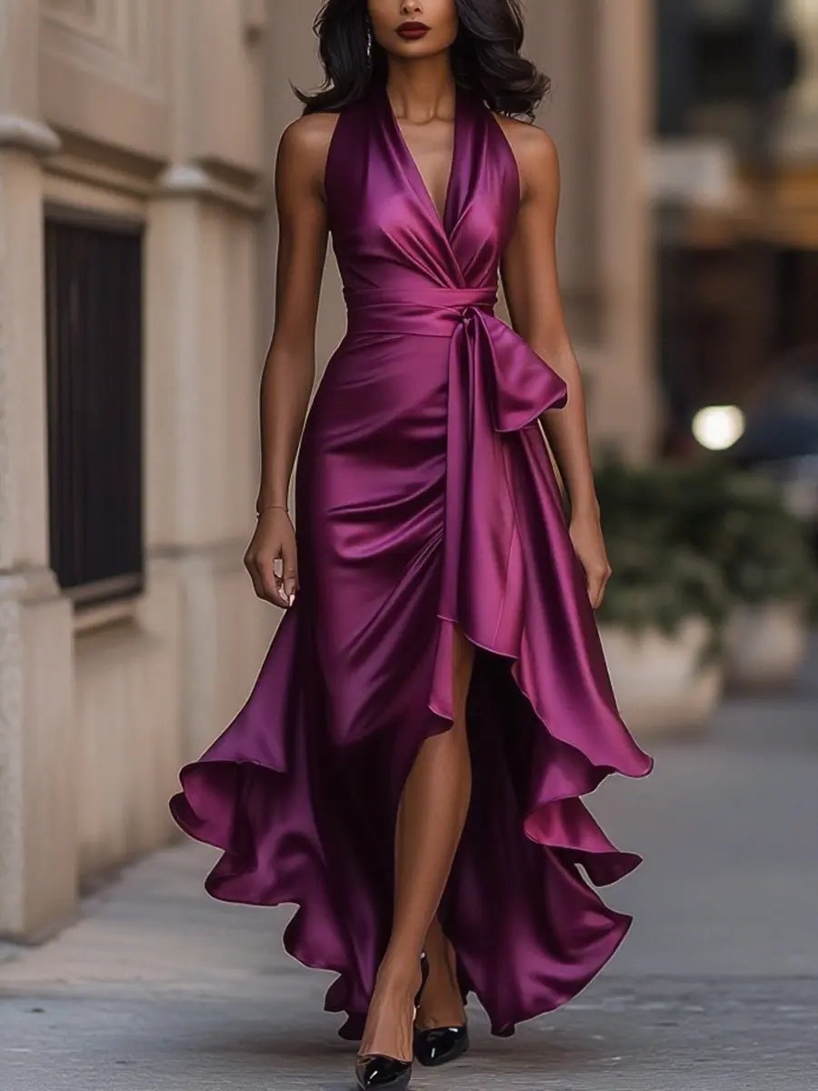 Robe Maxi Portefeuille Sans Manches Avec Ceinture Nouée Pour Femme | Idéale Pour Les Occasions Et Les Événements