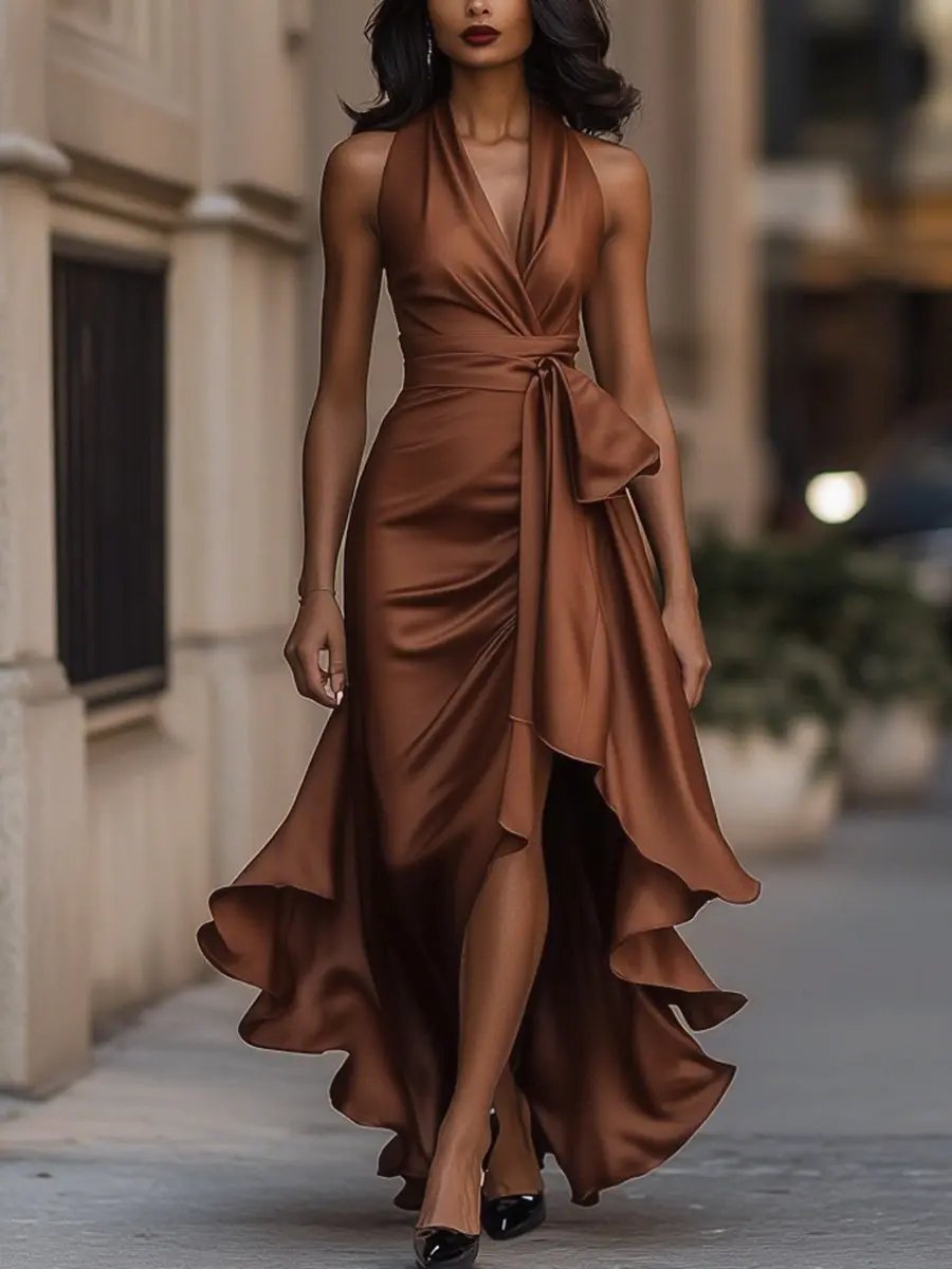 Robe Maxi Portefeuille Sans Manches Avec Ceinture Nouée Pour Femme | Idéale Pour Les Occasions Et Les Événements