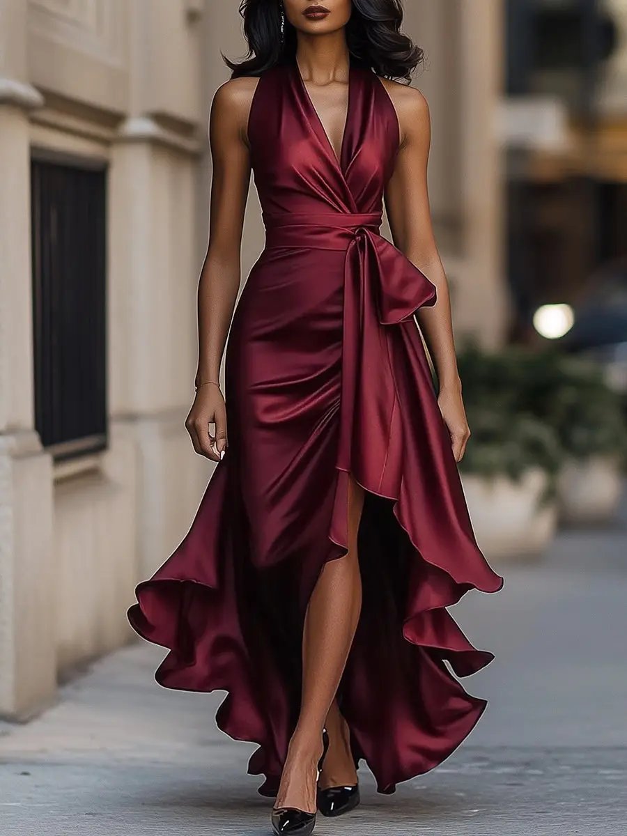 Robe Maxi Portefeuille Sans Manches Avec Ceinture Nouée Pour Femme | Idéale Pour Les Occasions Et Les Événements