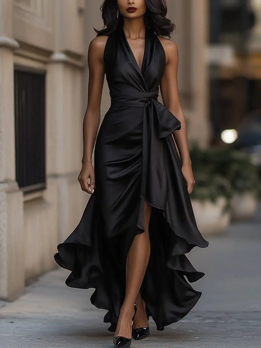 Robe Maxi Portefeuille Sans Manches Avec Ceinture Nouée Pour Femme | Idéale Pour Les Occasions Et Les Événements