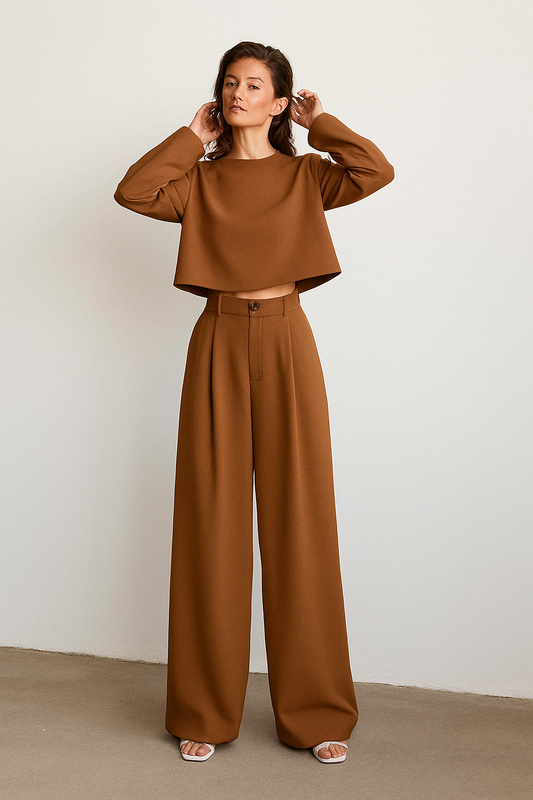 Ensemble Deux Pièces Avec Pantalon Large Plissé Et Haut Court À Manches Longues Pour Femme | Idéal Pour Journée Ou Soirée