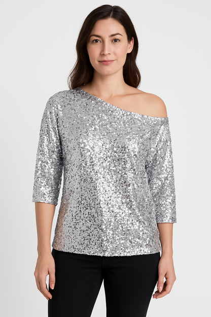 Top à Paillettes à Épaules Dénudées et Manches Mi-longues pour Femme | Idéal pour les Soirées et Occasions Festives