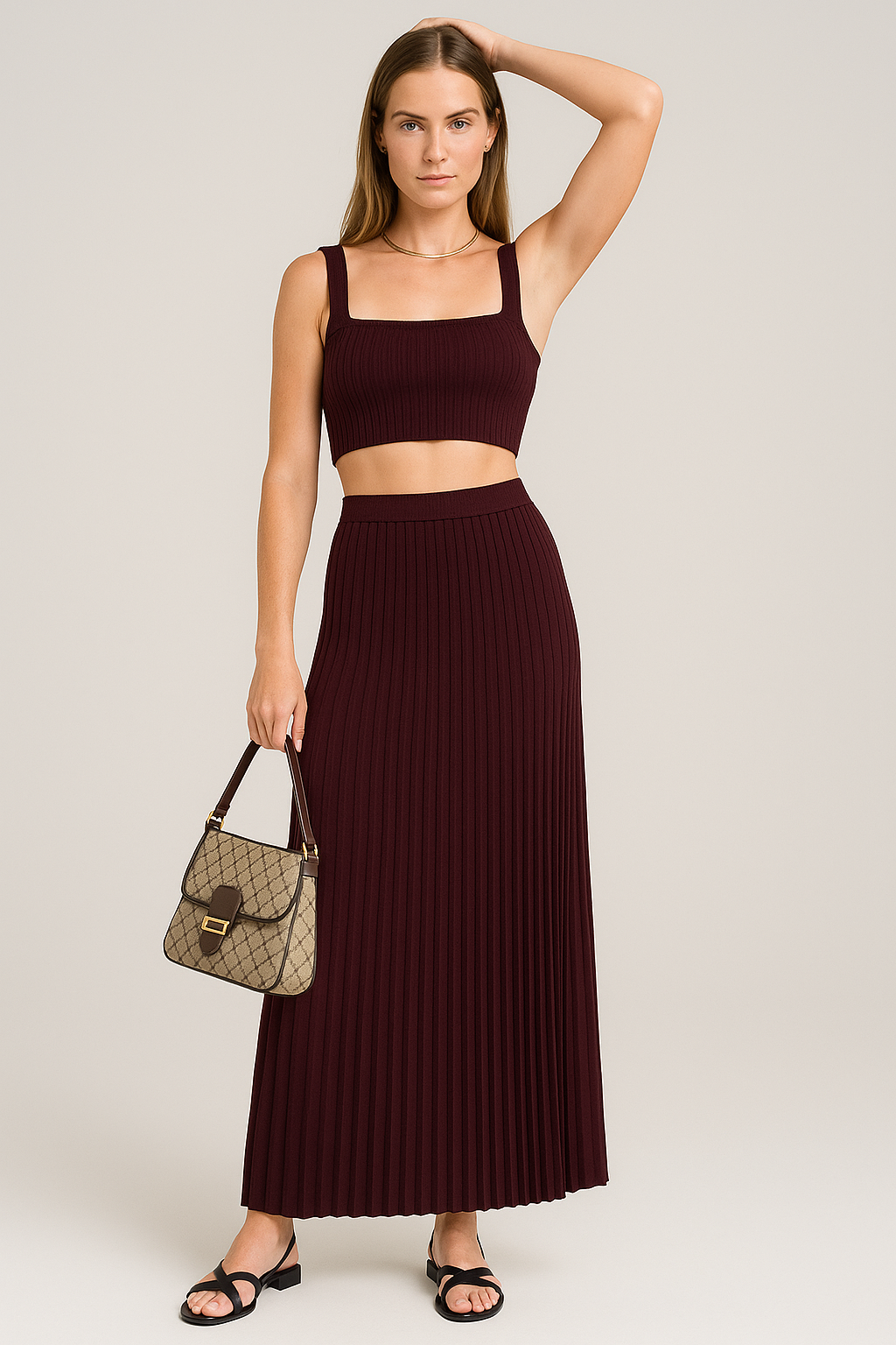 Ensemble Deux Pièces avec Crop Top Slim Fit et Jupe Maxi Plissée pour Femme | Idéal pour un Usage Quotidien