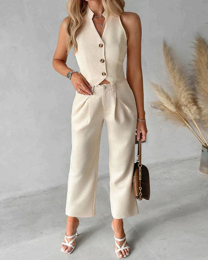 Ensemble Haut Sans Manches Et Pantalon Taille Haute 2 Pièces Pour Femme | Idéal Pour Printemps Et Été