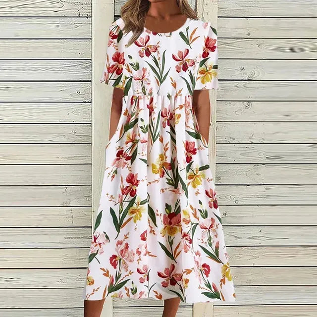 Robe Midi à Imprimé Floral avec Poches pour Femme | Idéale pour l’Été et les Sorties Décontractées