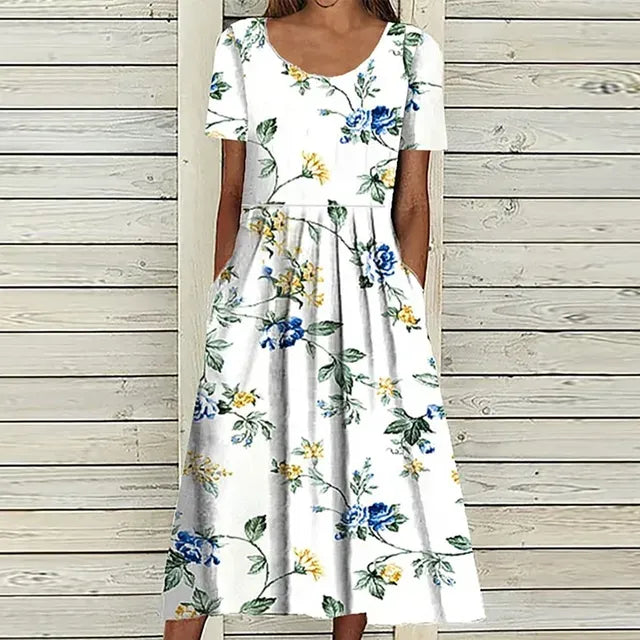 Robe Midi à Imprimé Floral avec Poches pour Femme | Idéale pour l’Été et les Sorties Décontractées
