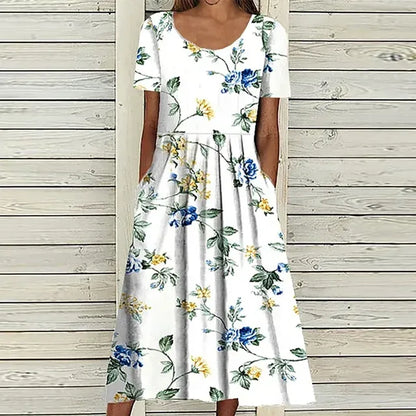 Robe Midi à Imprimé Floral avec Poches pour Femme | Idéale pour l’Été et les Sorties Décontractées
