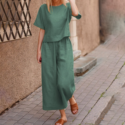 Ensemble Deux Pièces avec Haut à Manches Courtes et Pantalon Fluide pour Femme | Idéal pour l’Été