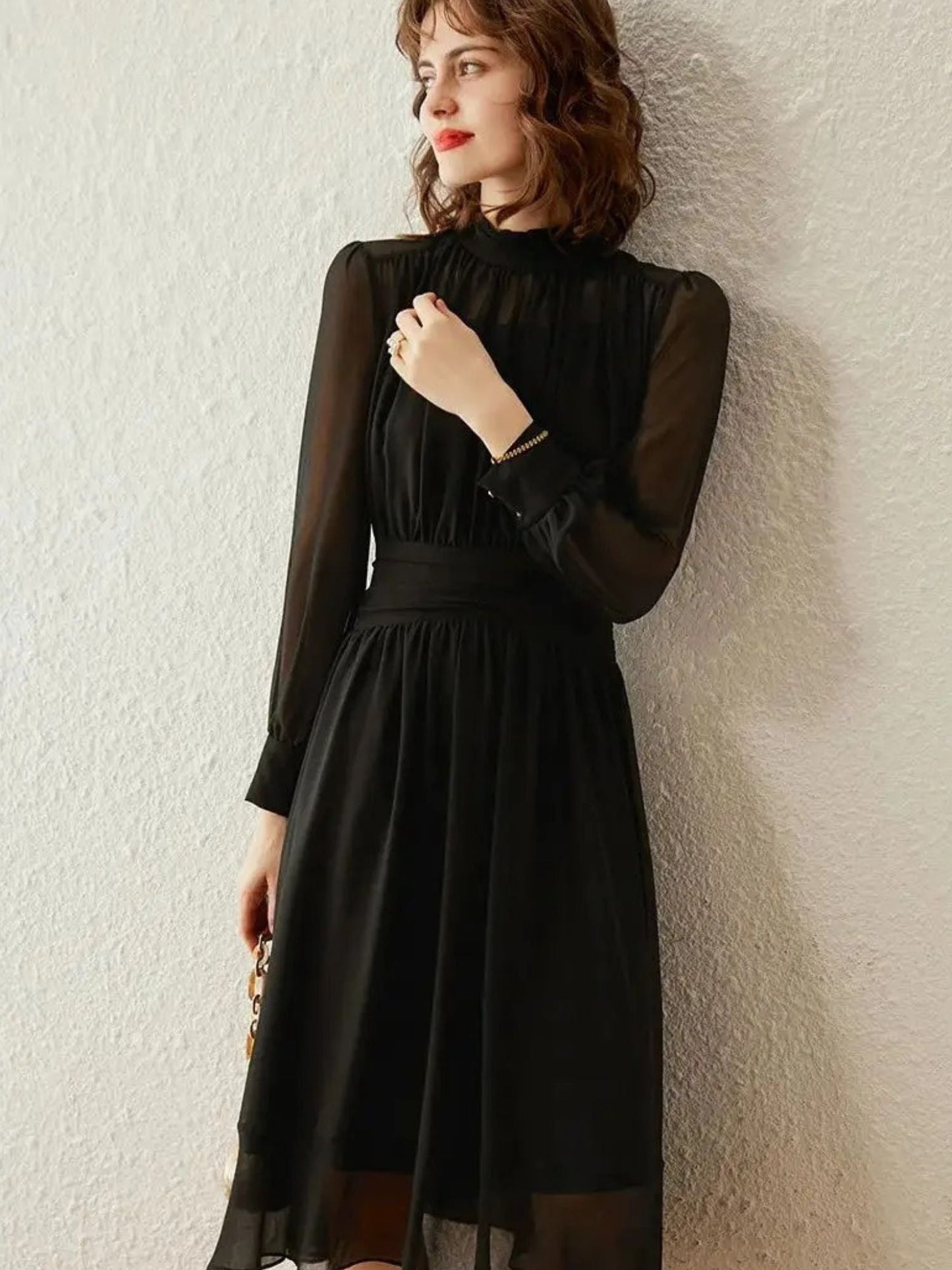 Robe Midi À Manches Transparentes Et Col Montant Pour Femme | Idéal Pour Usage Quotidien Et Occasions