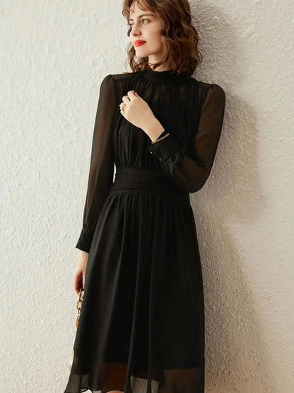 Robe Midi À Manches Transparentes Et Col Montant Pour Femme | Idéal Pour Usage Quotidien Et Occasions