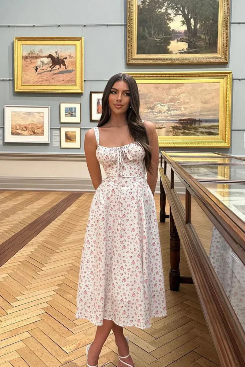 Robe Midi à Corset avec Encolure Cœur et Motif Floral pour Femme | Idéale pour les Occasions et Événements