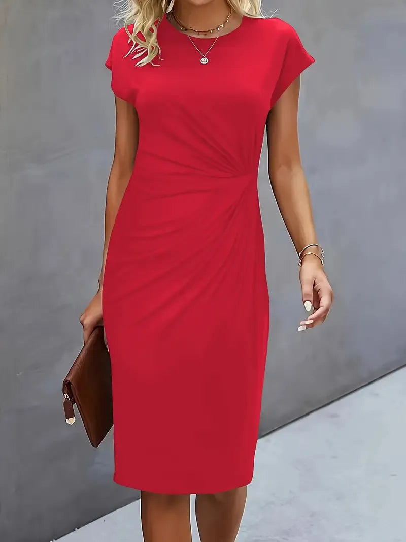 Robe Midi Unie avec Col Rond pour Femme | Idéale pour Travail ou Événements