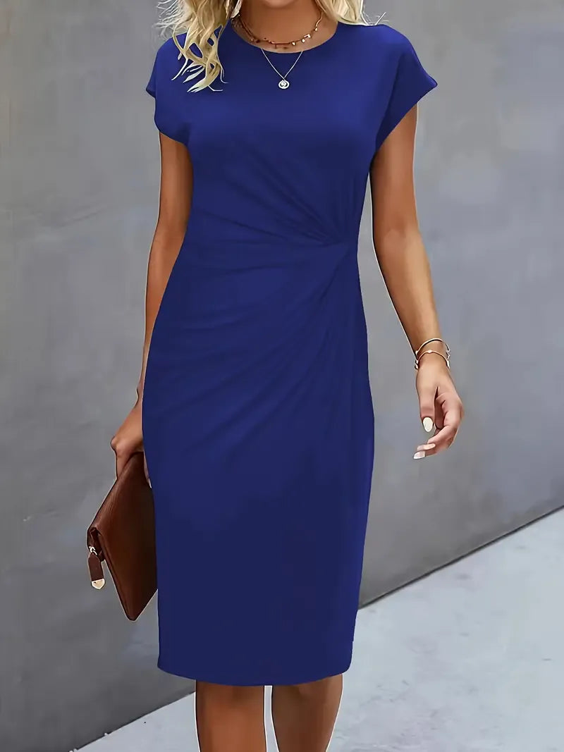 Robe Midi Unie avec Col Rond pour Femme | Idéale pour Travail ou Événements