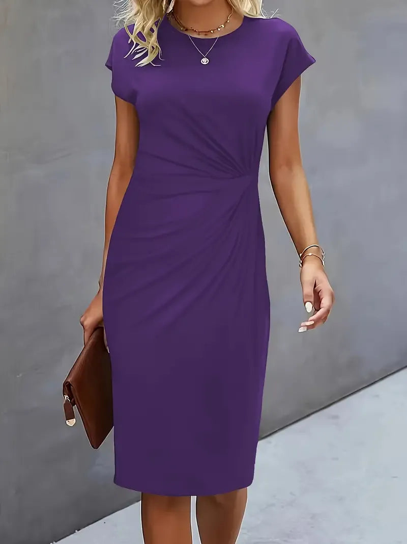 Robe Midi Unie avec Col Rond pour Femme | Idéale pour Travail ou Événements