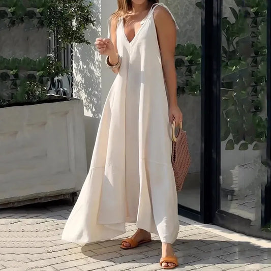 Robe Longue Blanche à Encolure en V pour Femme | Idéale pour les Journées d'Été