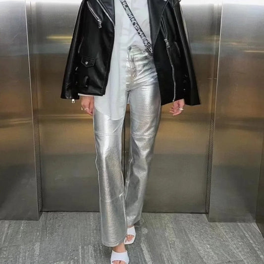 Pantalon Brillant à Taille Haute et Coupe Droite pour Femme | Idéal pour Diverses Occasions