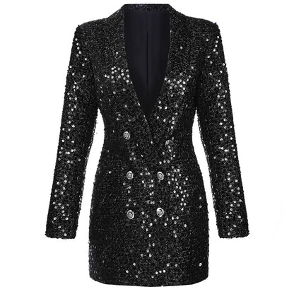 Robe Blazer Noire À Paillettes avec Double Boutonnage pour Femme | Idéale pour Les Soirées Et Événements