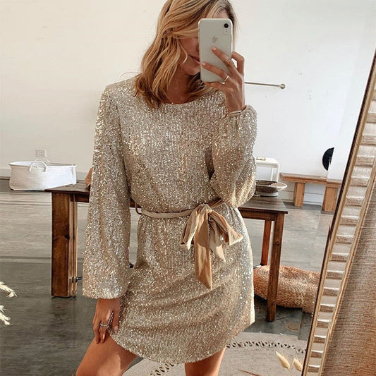 Robe Courte à Paillettes avec Ceinture et Manches Longues pour Femmes | Idéale pour les Soirées et Événements de Nuit
