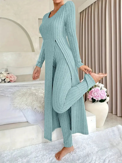 Ensemble Deux Pièces Avec Haut Long Et Pantalon Ajusté Pour Femmes | Idéal Pour Les Tenues Décontractées Et À Domicile