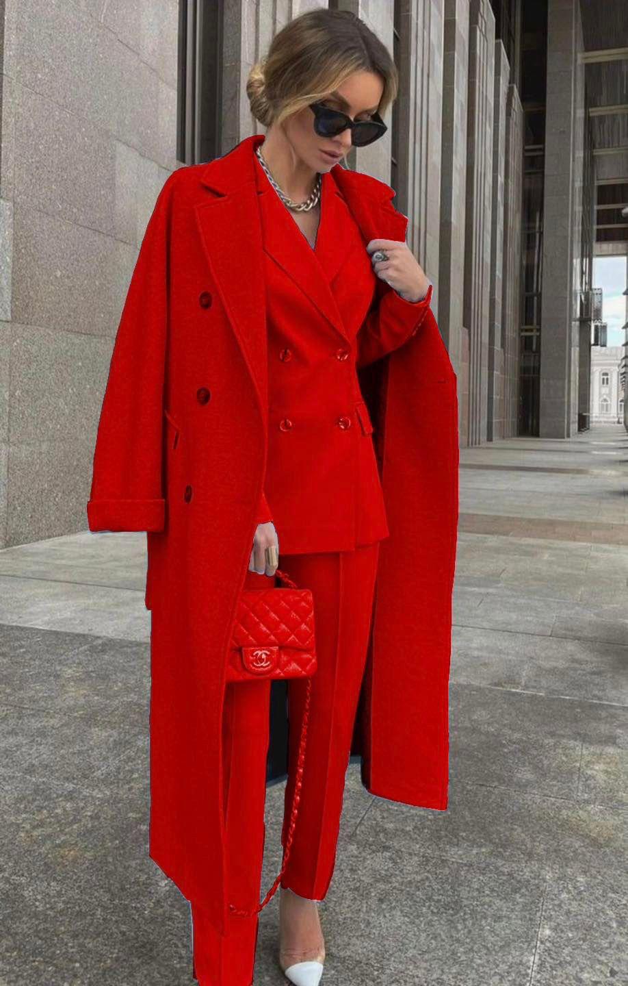 Ensemble Trois Pièces Avec Blazer Croisé Et Manteau Long Pour Femmes | Idéal Pour Tenues Professionnelles Et Occasions Formelles
