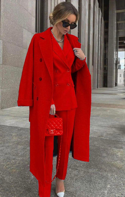 Ensemble Trois Pièces Avec Blazer Croisé Et Manteau Long Pour Femmes | Idéal Pour Tenues Professionnelles Et Occasions Formelles
