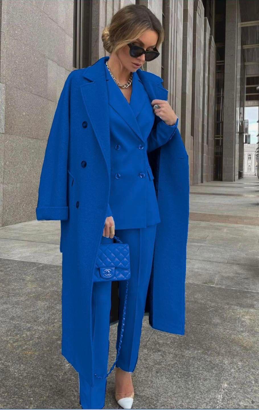 Ensemble Trois Pièces Avec Blazer Croisé Et Manteau Long Pour Femmes | Idéal Pour Tenues Professionnelles Et Occasions Formelles