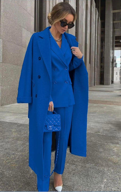 Ensemble Trois Pièces Avec Blazer Croisé Et Manteau Long Pour Femmes | Idéal Pour Tenues Professionnelles Et Occasions Formelles