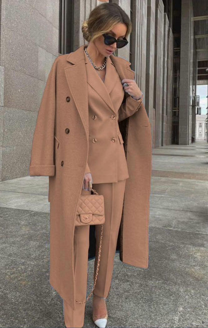 Ensemble Trois Pièces Avec Blazer Croisé Et Manteau Long Pour Femmes | Idéal Pour Tenues Professionnelles Et Occasions Formelles