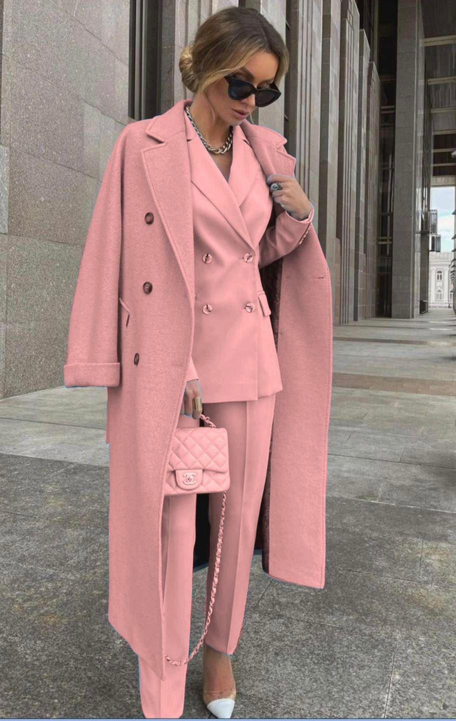 Ensemble Trois Pièces Avec Blazer Croisé Et Manteau Long Pour Femmes | Idéal Pour Tenues Professionnelles Et Occasions Formelles
